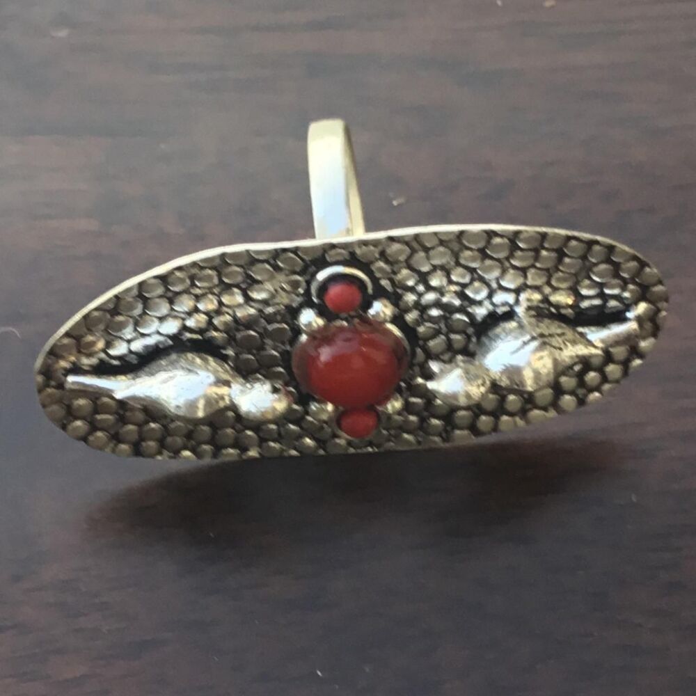 Handcrafted Red Coral Bohemian Statement Ring Size 10